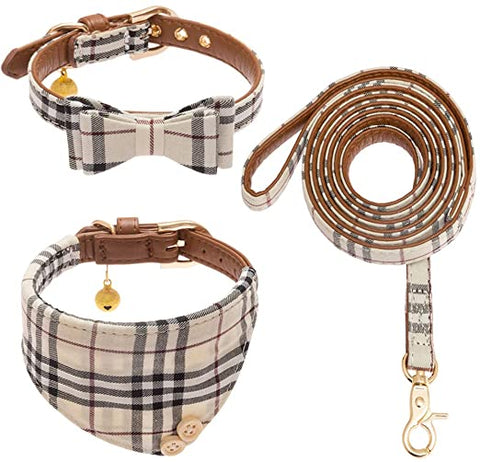 CHERPET Bow Tie Dog Collar and Leash Set - Cute Plaid, plaid, Size adjustable