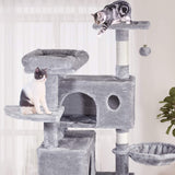 MQ Multi-Level Cat Tree Condo, Activity Center Cat Play Tower Furniture 49" with Sisal-Covered Scratching Posts 2Pcs Plush Perches 2Pcs Cat Caves & Basket for Kittens Adult Cats (Grey)