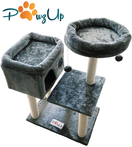 PawzUp Premium Cat Condo | Cozy Activity Tower | Fun Play House for Cats and Kittens| Sisal-Covered Scratching Posts | Plush Perch and Play Balls|