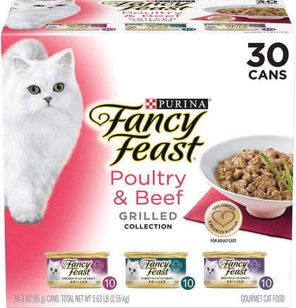 Purina Fancy Feast Gravy Wet Cat Food Variety Pack, Poultry & Beef Grilled Collection - (30) 3 oz. Cans