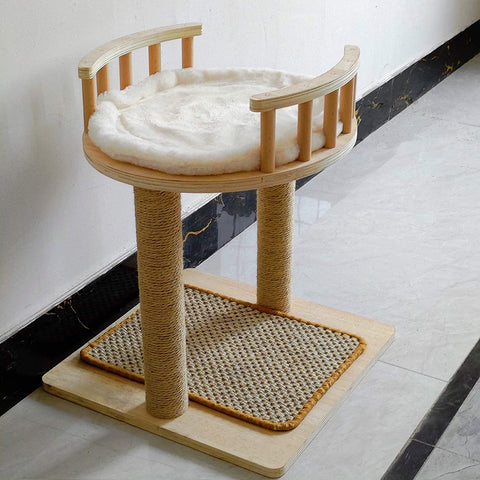 Luxury Handcrafted Perch Cat Tree, Medium Cat Tower with Sisal pad and Washable Faux Fur, Natural Solid Wood Pillars